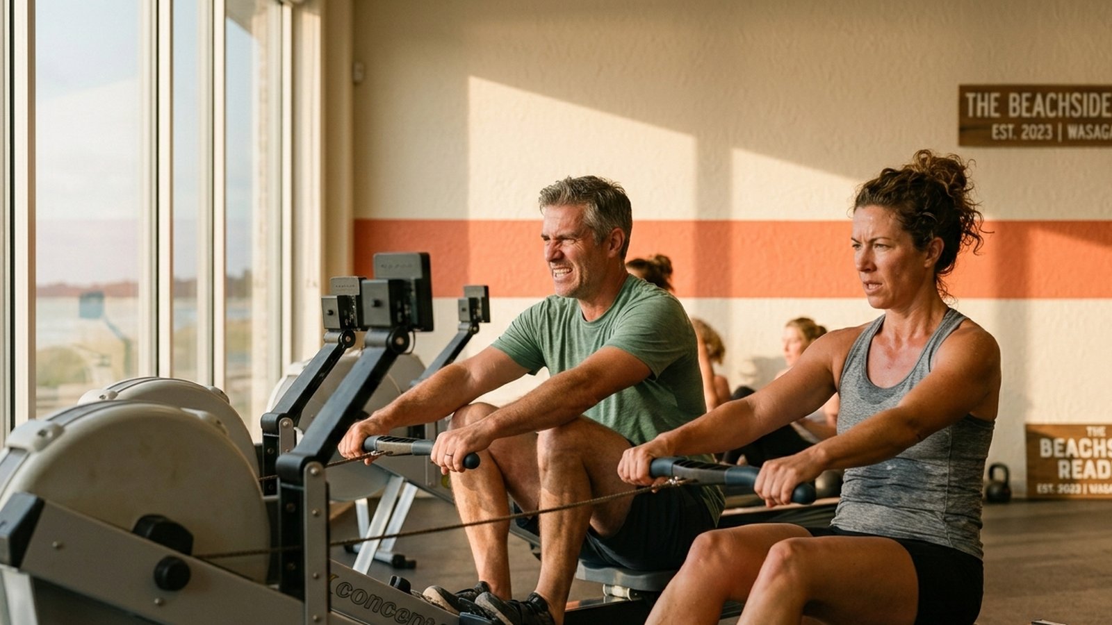 A single athlete in golden afternoon light, mid-row on a Concept 2 indoor rower, sweat visible, warm tones. Editorial documentary style.